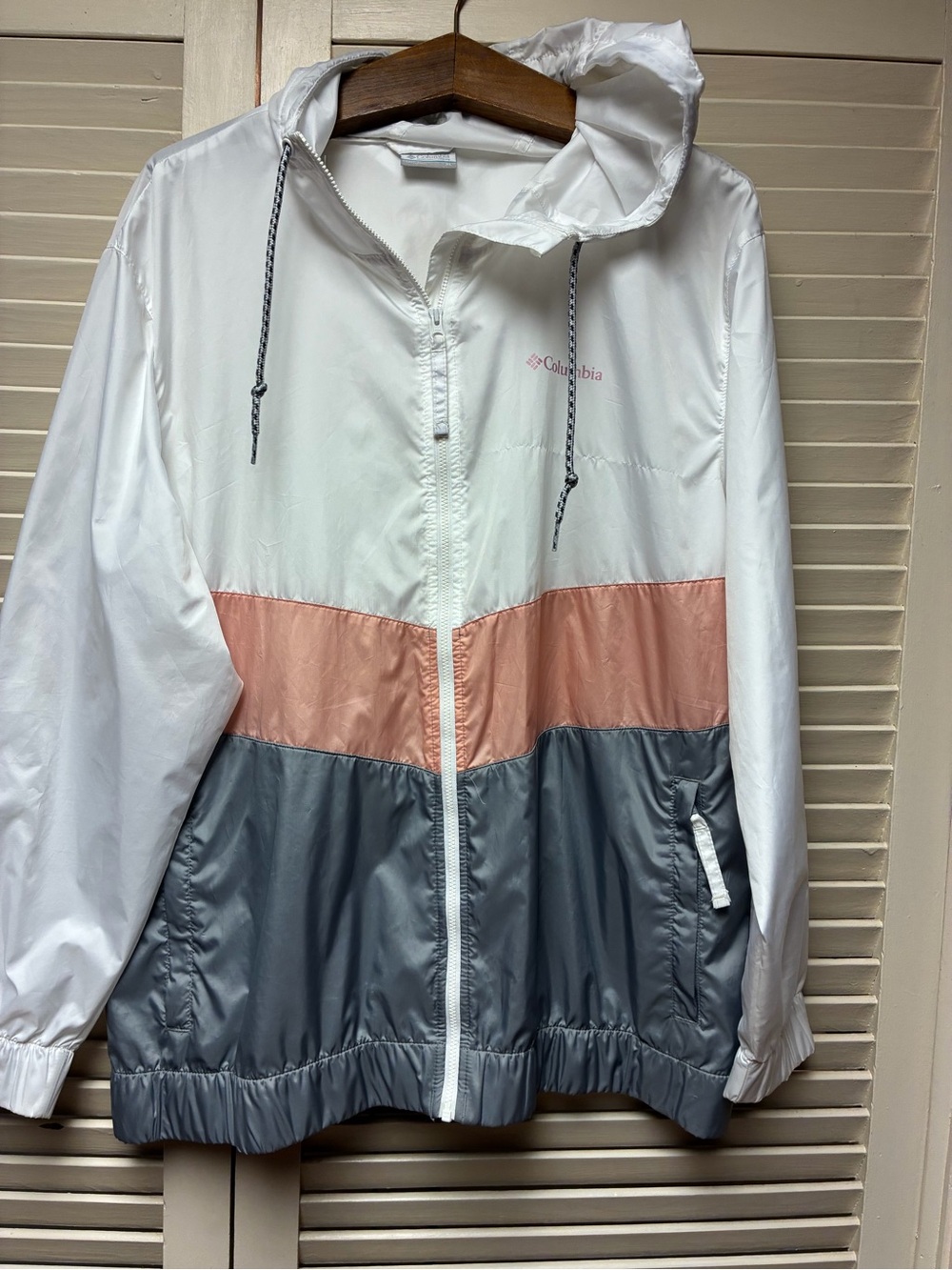 Columbia White Pink Gray Colorblock Hooded Utility Jacket